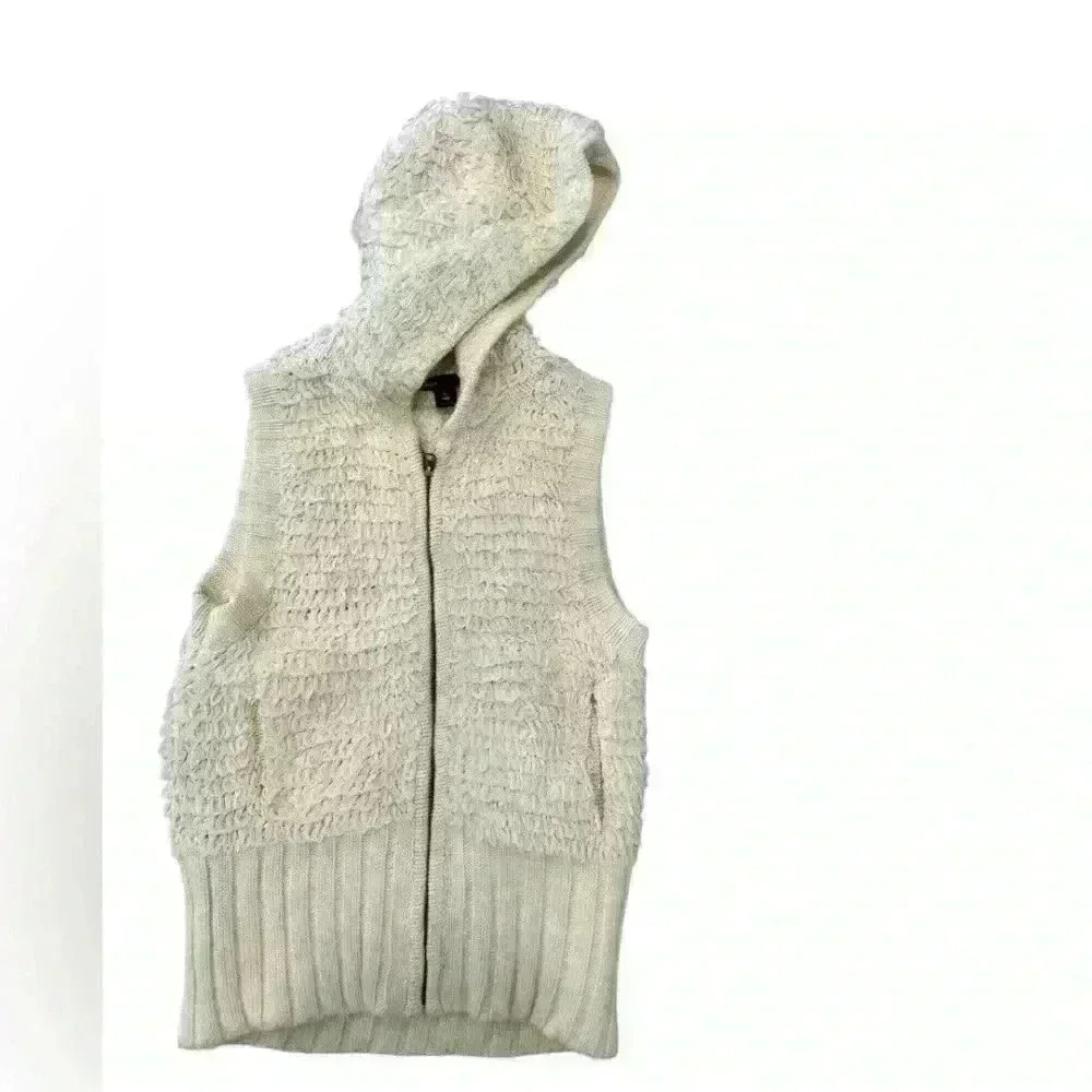 GAP Kids Cream Looped Yarn Fringed Sleeveless Vest Ribbed Trim Hood Zip L